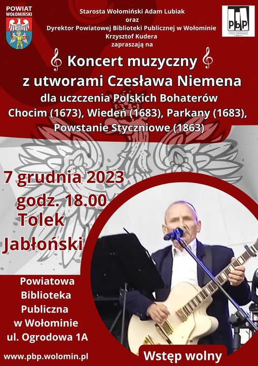 Koncert słowno-muzyczny utworów Czesława Niemena w wykonaniu znanego barda Tolka Jabłońskiego, 07.12.2023.