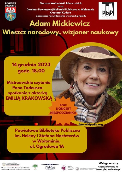 Zapraszamy na Mistrzowskie czytanie Mickiewicza przez znaną aktorkę EMILIĘ KRAKOWSKĄ 14.12.2023 g.18.00.