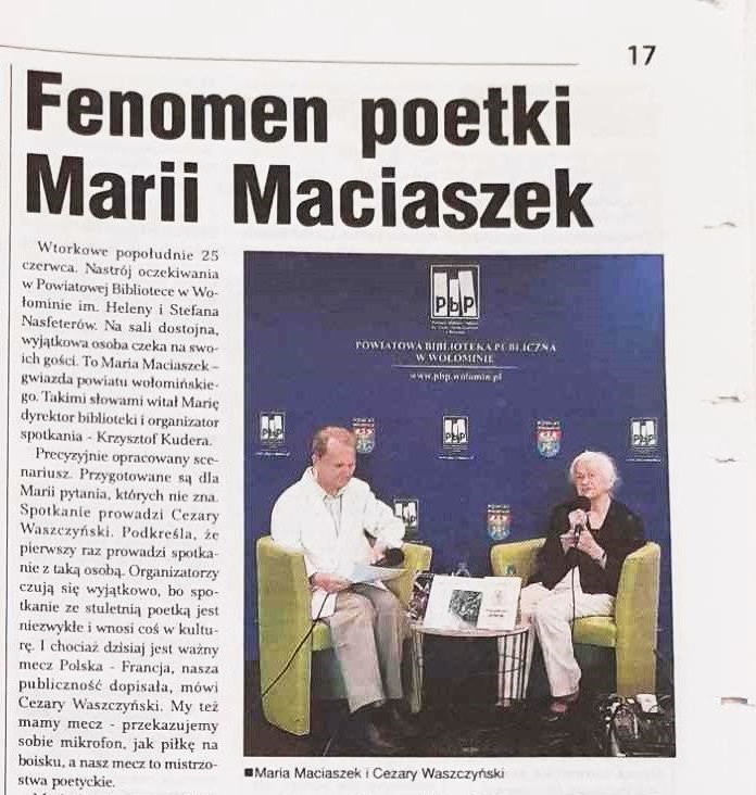 W Wieściach Podwarszawskich 03.07.2024 można przeczytać artykuł o spotkaniu autorskim z Panią Marią Maciaszek.