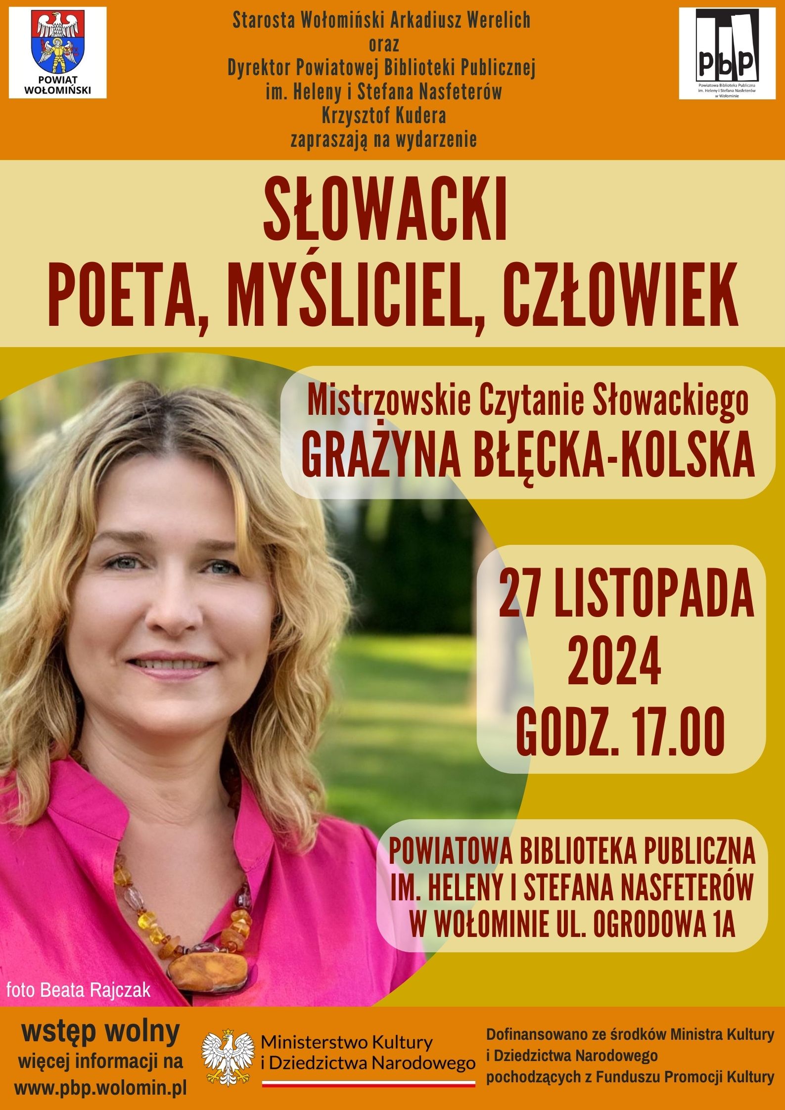 Mistrzowskie Czytanie Słowackiego z wyjątkową aktorką Grażyną Błęcką-Kolską, 27.11.2024 g. 17.00