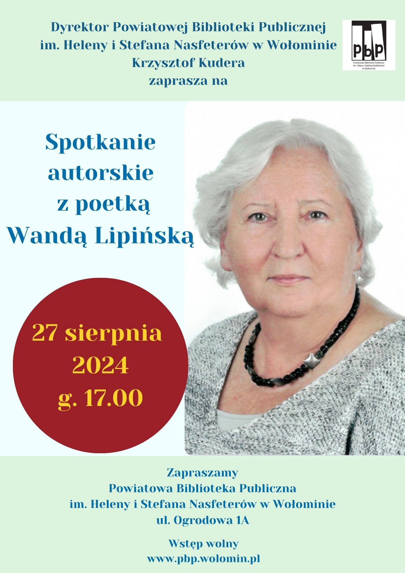 Spotkanie autorskie z poetką Wandą Lipińską, 27.08.2024 r. g. 17.00.