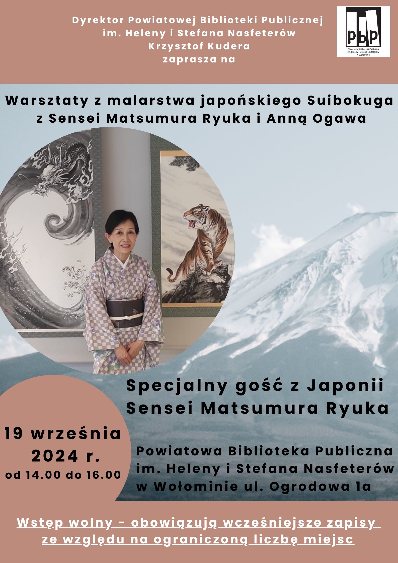 Warsztaty malarstwa japońskiego Suibokuga (sztuki malowania tuszem), z udziałem znanej artystki z Japonii Sensei Matsumura Ryuka oraz przedstawicielki szkoły Soke Ogawa Arakimunisairyu Ogawa Dojo Anna Ogawa 19.09.2024 od g. 14.00 do g. 16.00.